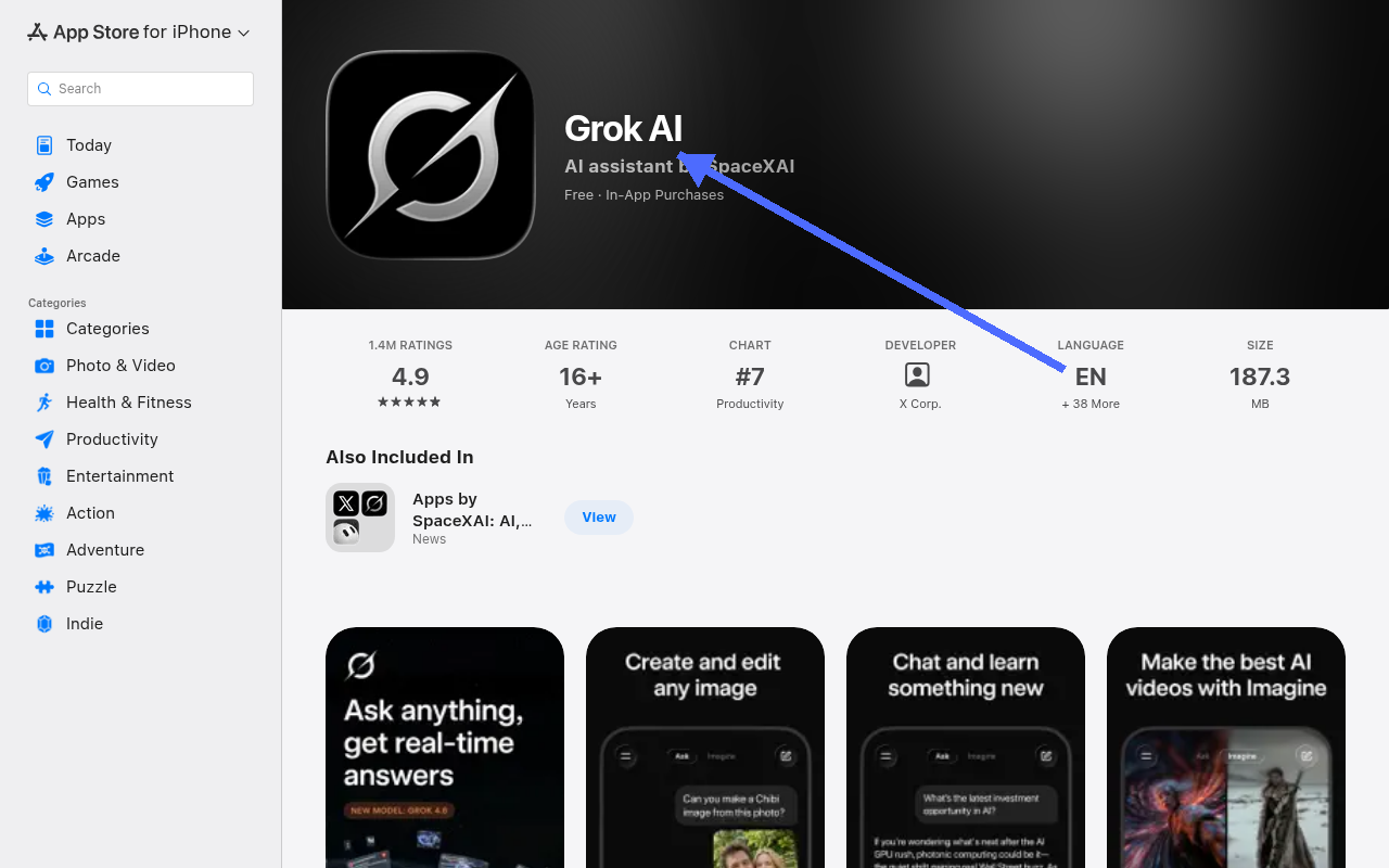 App Store 美国区官方 Grok AI 页面
