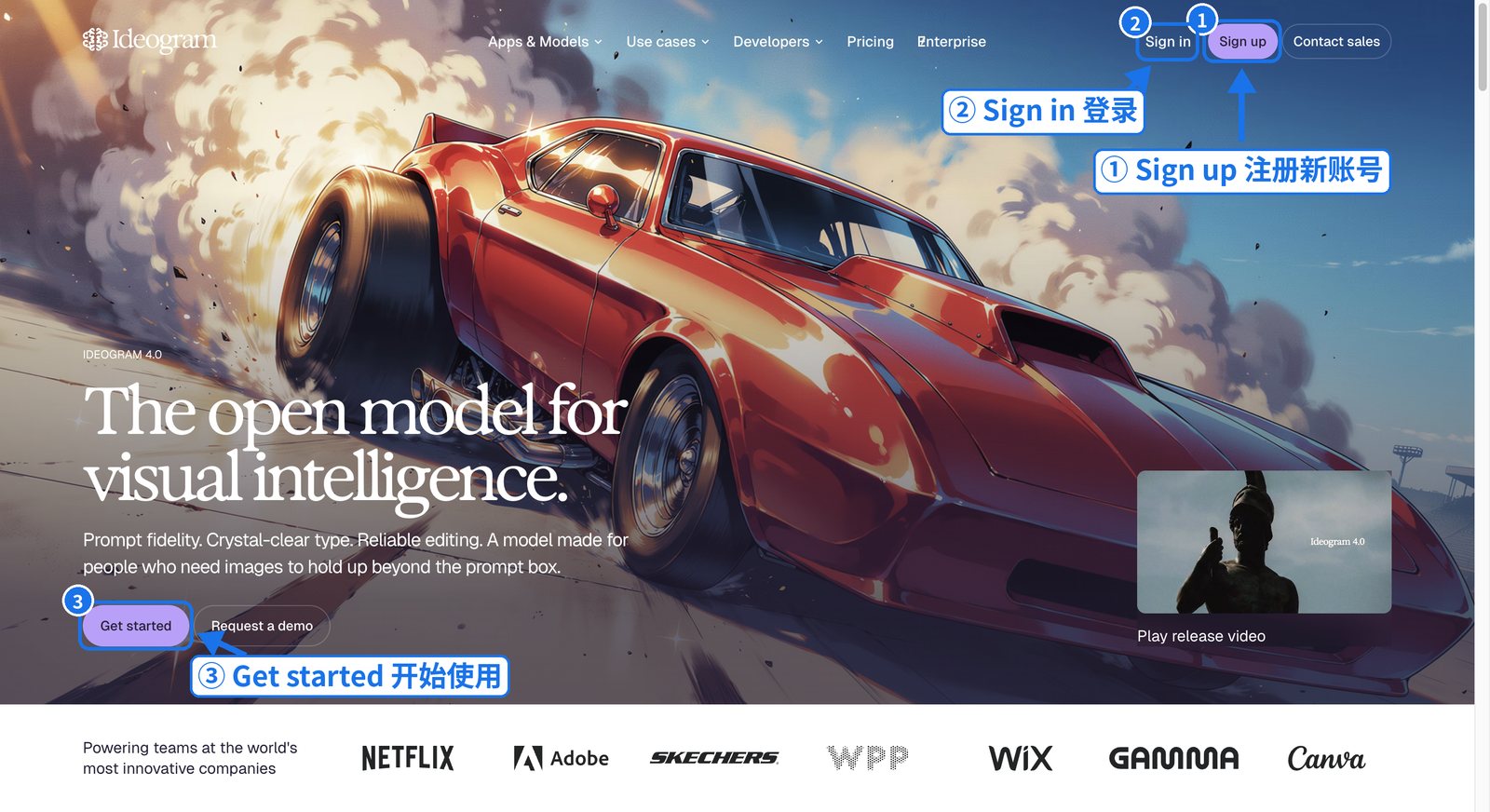 Ideogram 官网首页 Sign up / Sign in / Get started