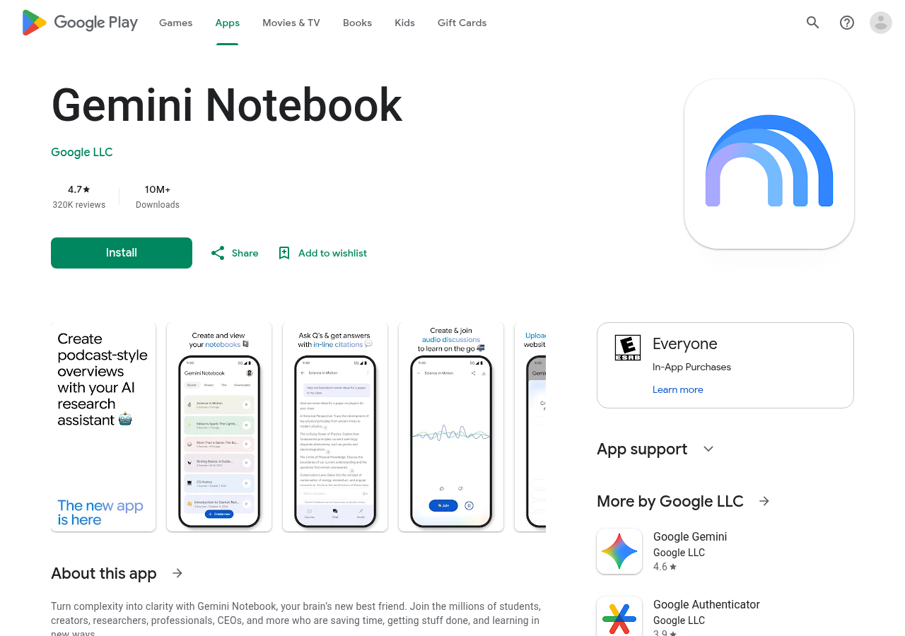 Google Play 中的 Gemini Notebook