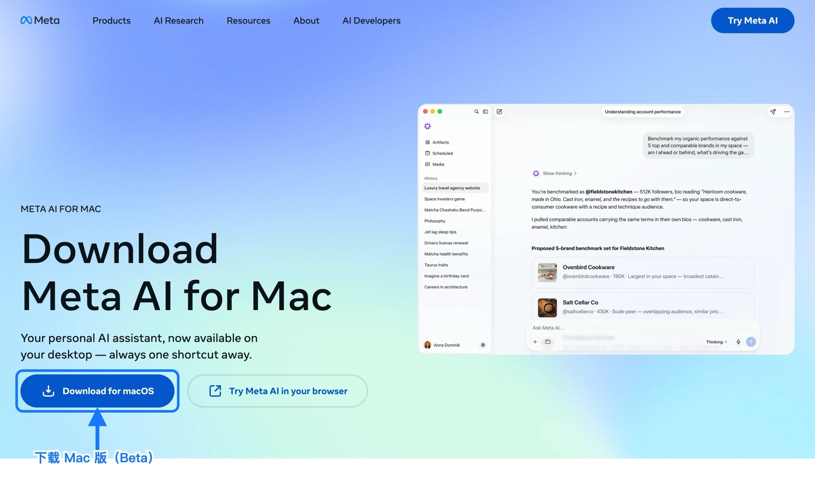 Meta AI 官方下载页箭头指向 Download for macOS
