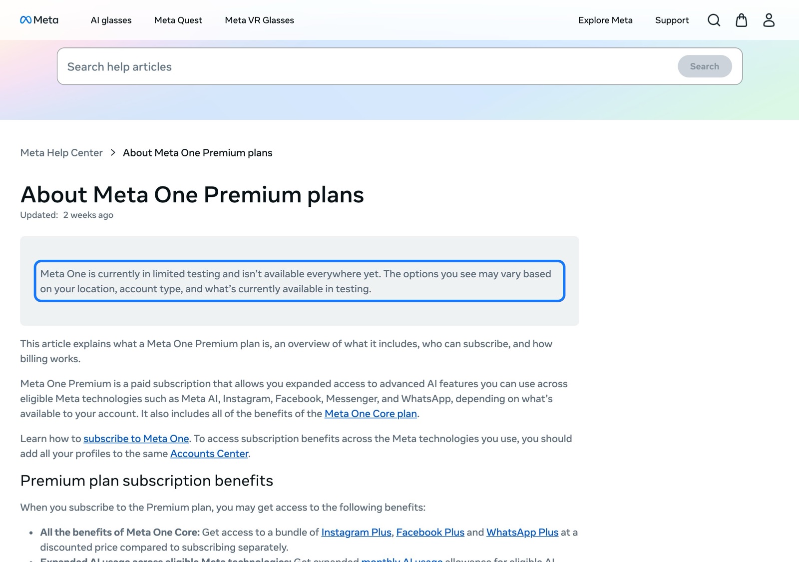 Meta 帮助中心 About Meta One Premium plans 页面