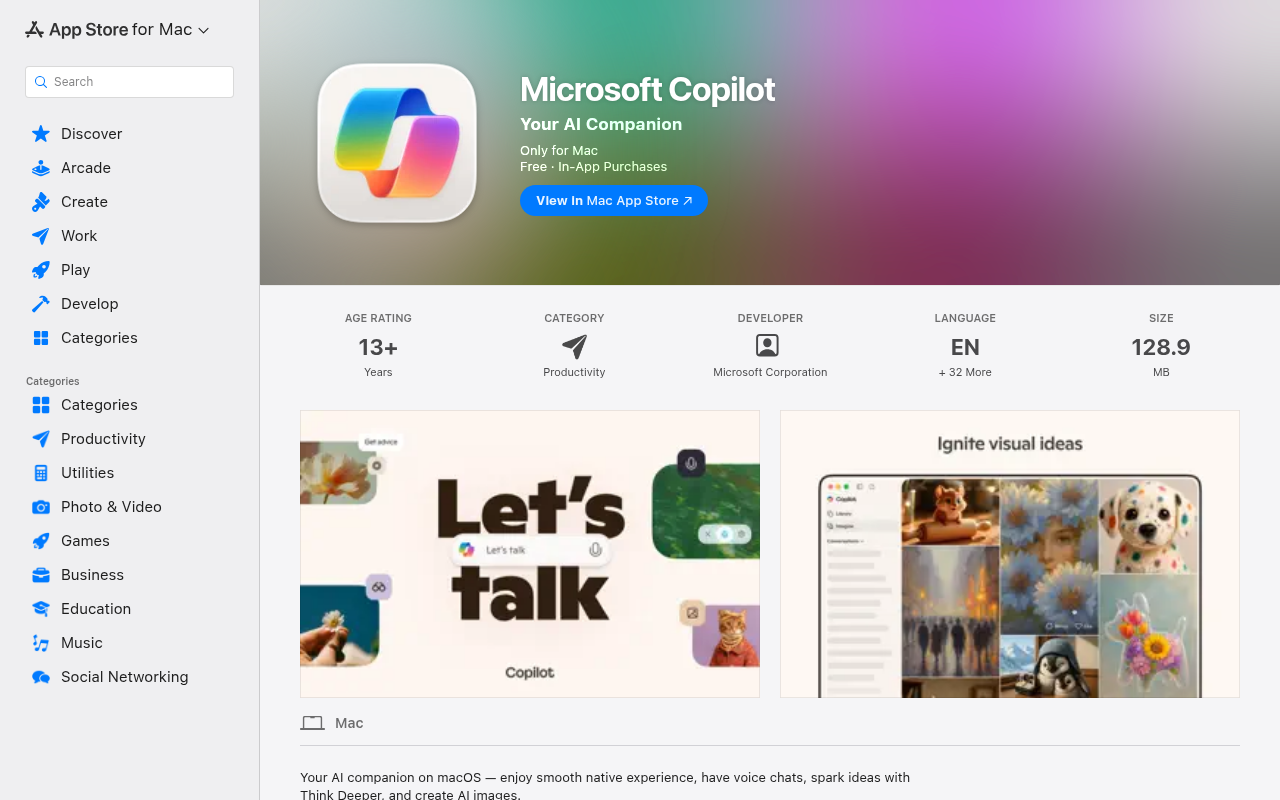 Mac App Store 官方 Microsoft Copilot 页面