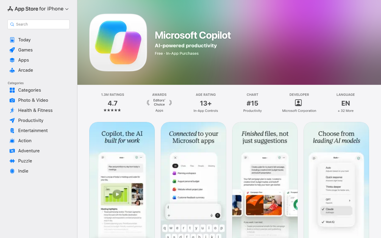 App Store 官方 Microsoft Copilot（iPhone）页面